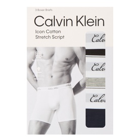 Calvin Klein Icon Cotton Stretch Script Boxer Briefs 3-pack in black, grey heather and dark sapphire, packaged box with model visual