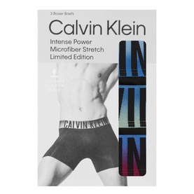 Calvin Klein Three-Pack Intense Power Boxer Briefs in Poseidon Blue, White Jade and Boysenberry Gradient, shown in packaging with product imagery