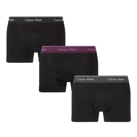 Calvin Klein Three-Pack Classic Logo Trunks in black with black, dark purple, and charcoal heather elasticated logo waistbands