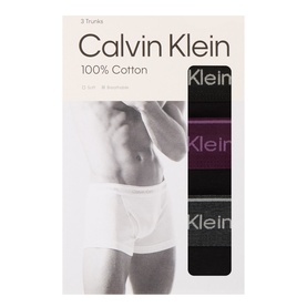 Calvin Klein Three-Pack Classic Logo Trunks in black, dark purple and charcoal heather, 100% cotton with logo waistbands, shown in packaging
