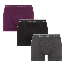 Calvin Klein Three-Pack Classic Logo Trunks in black, dark purple and charcoal heather with elasticated logo waistband