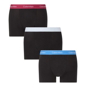 Calvin Klein Three-Pack Icon Logo Trunks in black with red plum, plein air white, and poseidon blue branded waistbands