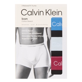 Calvin Klein Icon Three-Pack Logo Trunks in Poseidon Blue, Plein Air and Red Plum, cotton stretch with logo waistband, packaged set