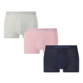 Calvin Klein Three-Pack Ultra Soft Logo Trunks in dark sapphire, dusty orchid and grey heather with elasticated logo waistbands