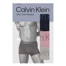 Calvin Klein Three-Pack Ultra Soft Logo Trunks in Dark Sapphire, Dusty Orchid and Grey Heather, shown in retail packaging