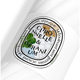Diptyque Citronnelle & Geranium candle, close-up of white vessel with illustrated green leaf label and brand typography.