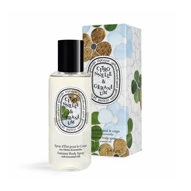 Diptyque Citronnelle & G&eacute;ranium Body Spray with matching illustrated box, clear bottle with black cap, 100ml