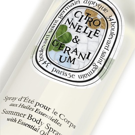 Diptyque Citronnelle & Geranium Summer Body Spray bottle, white with oval label and green leaf detail