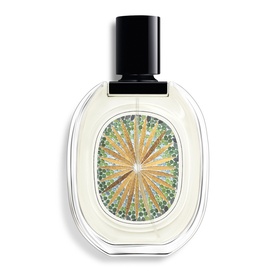 Diptyque EDT in oval glass bottle with decorative green and gold sunburst mosaic label and black cap