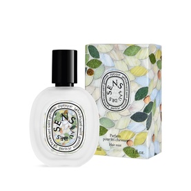 Diptyque Eau des Sens hair mist bottle with illustrated floral and leaf patterned box, 30ml format