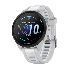 Garmin Forerunner 165 Smartwatch in Mist Grey and Whitestone, white silicone strap, round display showing time and activity data