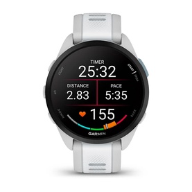 Garmin Forerunner 165 Smartwatch in Whitestone, displaying running metrics including timer, distance, pace and heart rate on screen.