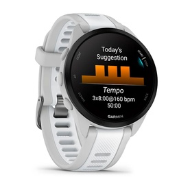 Garmin Forerunner 165 Smartwatch in Whitestone with white silicone strap, displaying Tempo workout suggestion on screen.