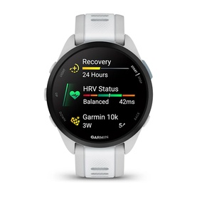 Garmin Forerunner 165 Smartwatch in Whitestone with white silicone strap, displaying Recovery and HRV Status data on screen