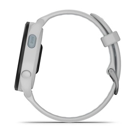 Garmin Forerunner 165 Smartwatch in Mist Grey/Whitestone, side profile view showing slim black casing and pale grey silicone strap