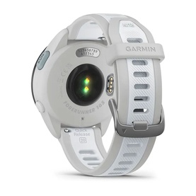 Garmin Forerunner 165 Smartwatch in Mist Grey/Whitestone, rear view showing heart rate sensor, charging pins, and white silicone strap.