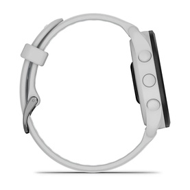 Garmin Forerunner 165 Smartwatch in Mist Grey and Whitestone, side profile view showing white silicone strap and button detail