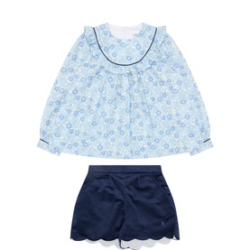 Little Larks Blue 2 Piece set, floral print blouse with navy trim and navy scallop-hem shorts, children's
