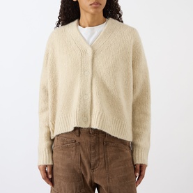 Model wearing Nili Lotan Beige Melange cardigan with V-neck and button front, styled with white tee and brown trousers