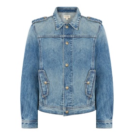 Nili Lotan denim jacket in Rosebowl Wash with gold-tone buttons, epaulette shoulders, and flap pockets