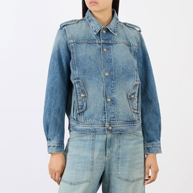 Model wearing Nili Lotan denim jacket in Rosebowl Wash, gold button fastening, epaulette shoulders, styled with matching wide-leg denim trousers.