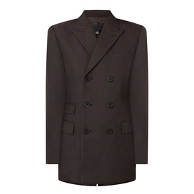 Nili Lotan brown herringbone double-breasted jacket with peak lapels, flap pockets, and dark button fastening