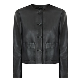Nili Lotan Ophelie Cropped Leather Jacket in black, collarless with button fastening, two front patch pockets and straight hem.