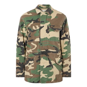 Green camouflage print cotton shirt jacket with chest pockets, button front fastening, and relaxed fit