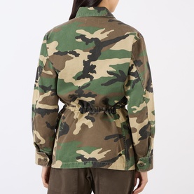 Model wearing green camouflage utility jacket with elasticated waist, long sleeves and button-front fastening, shown from the back