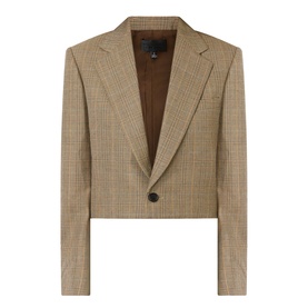 Nili Lotan cropped blazer jacket in Glen Tan houndstooth check, single-button fastening, notch lapel