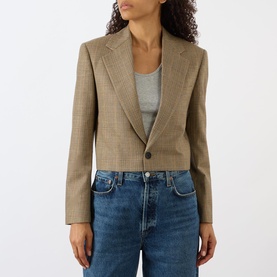Model wearing Nili Lotan Glen Tan cropped check blazer with grey vest and blue jeans