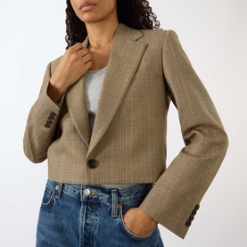 Model wearing Nili Lotan Glen Tan check cropped blazer with single button fastening, styled with white tee and blue jeans.