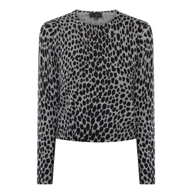 Nili Lotan knit jumper in Pebble Grey Heather and Black Cheetah print, crew neck, long sleeves, cropped length