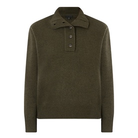 Nili Lotan Renata Turtleneck Sweater in Dark Pine Melange, half placket with buttons, dropped shoulders, ribbed hem and cuffs