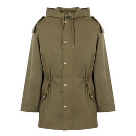 Nili Lotan Lucienne Parka Jacket in Army Green, cotton, drawstring hood, snap button placket, epaulettes, adjustable waist, flap pockets
