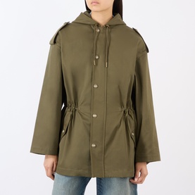 Model wearing Nili Lotan Lucienne Parka Jacket in Army Green with hood, snap button placket, epaulettes and drawstring waist.