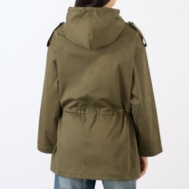 Model wearing Nili Lotan Lucienne Parka Jacket in Army Green, rear view showing hood, shoulder epaulettes, and drawstring waist detail.