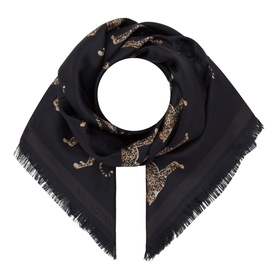 Nili Lotan Cheetah Silk Twill Scarf in black cheetah print, square-shaped with frayed edges, folded to show repeat pattern