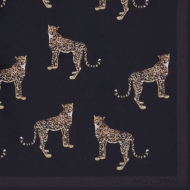 Nili Lotan Cheetah Silk Twill Scarf in navy with repeat cheetah print, square shape, frayed edges, silk twill finish