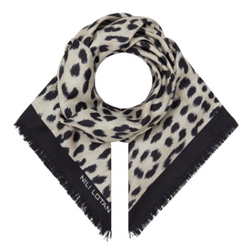 Nili Lotan scarf in cheetah print with black border trim and frayed edges, laid flat in a circular arrangement