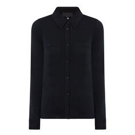 Nili Lotan black wool shirt with pointed collar, button-front placket, and twin chest patch pockets, long sleeves