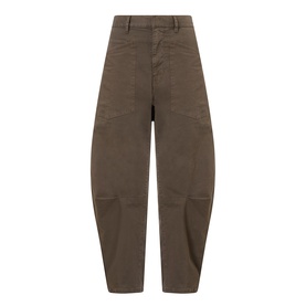 Nili Lotan trousers in Vintage Washed Dark Walnut, barrel-leg silhouette with curved seam detailing and slash pockets, 98% cotton