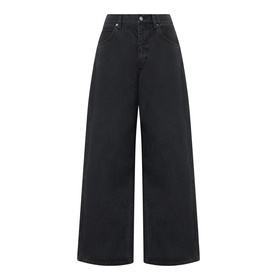 Black wide-leg cropped jeans with high rise waist, five-pocket styling and raw-hem finish