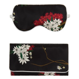 Olivia von Halle Rene silk eye mask and pouch set in black with red and white floral print, white trim detail