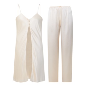 Olivia von Halle Elvira Camisole Pyjama Set in bone silk, V-neck cami with button detail and full-length wide-leg trousers