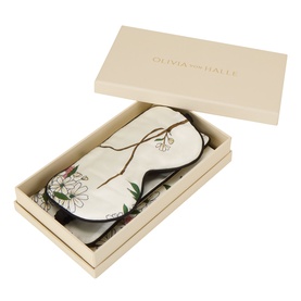 Olivia von Halle Ana silk eye mask in cream with floral print, presented in branded gift box