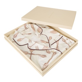 Olivia von Halle Sevilla silk pyjamas in cream with cutlery print and burgundy trim, folded in cream gift box with lid