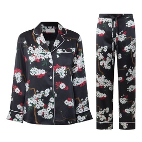 Olivia von Halle Lila Ren&eacute; Blossom Pyjama Set in black silk with white and red floral print, long-sleeve shirt and full-length trousers