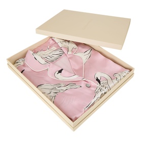 Olivia von Halle Lila Selene Swan Pyjama Set in pink silk with swan print, presented folded in a gift box.