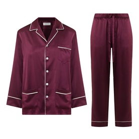 Olivia von Halle Yves Silk Pyjama Set in Raisin, long-sleeve button-front top and full-length trousers with white contrast piping